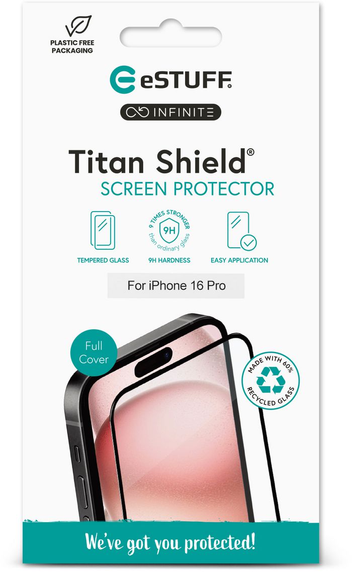 eSTUFF INFINITE iPhone 17 / 17 Pro / 16 Pro Full Cover Screen Protector. Titan Shield®