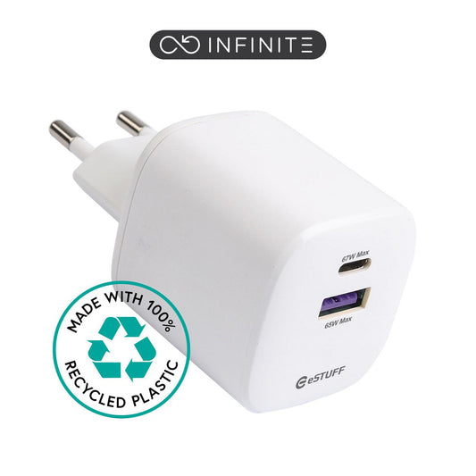 eSTUFF INFINITE USB-C og USB-A Charger EU 67W /65W GaN - White - 100% Recycled Plastic