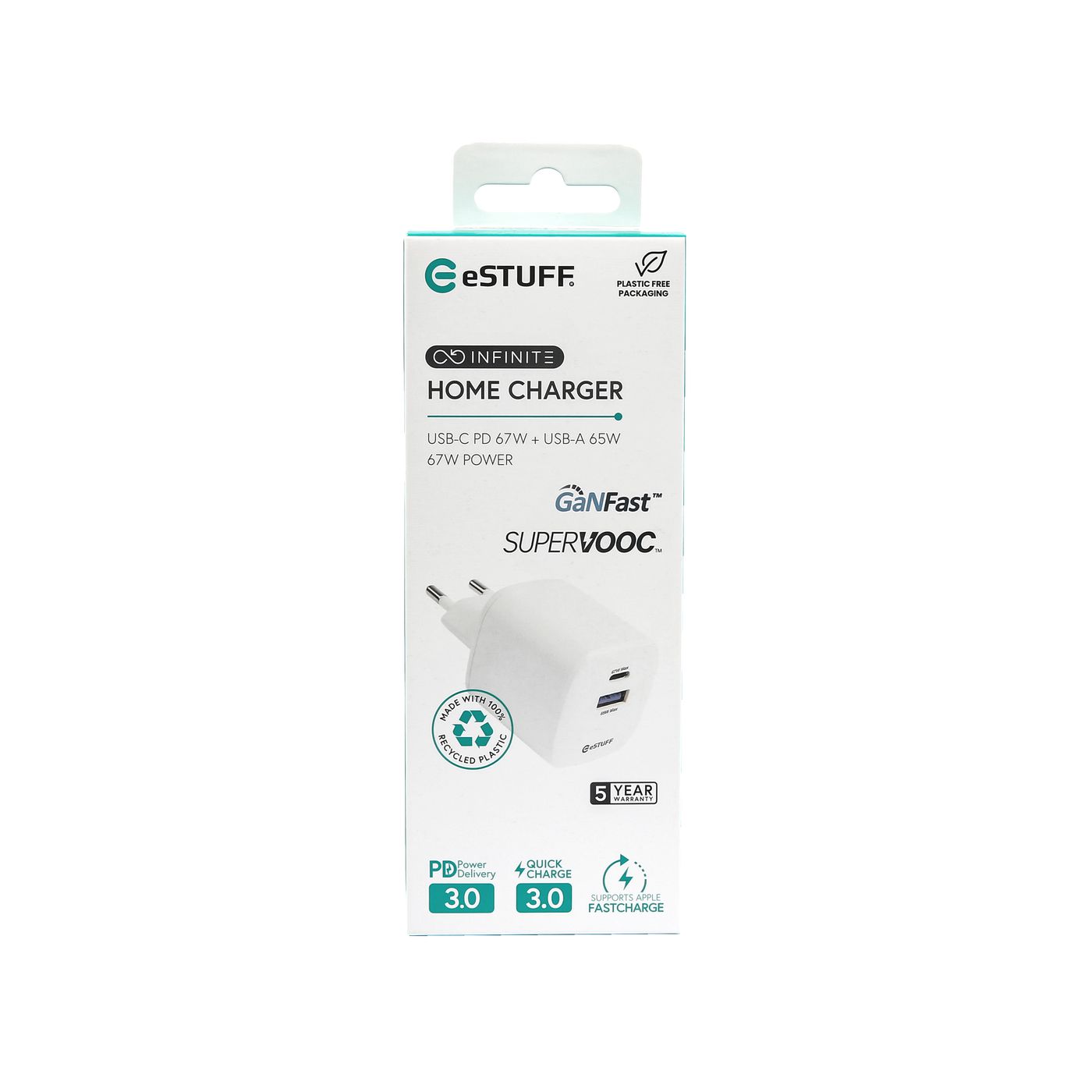 eSTUFF INFINITE USB-C og USB-A Charger EU 67W /65W GaN - White - 100% Recycled Plastic