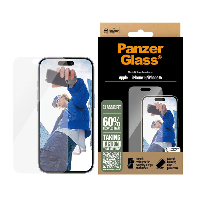 Panzerglass til iPhone 16 / 15 - inkl EasyAligner